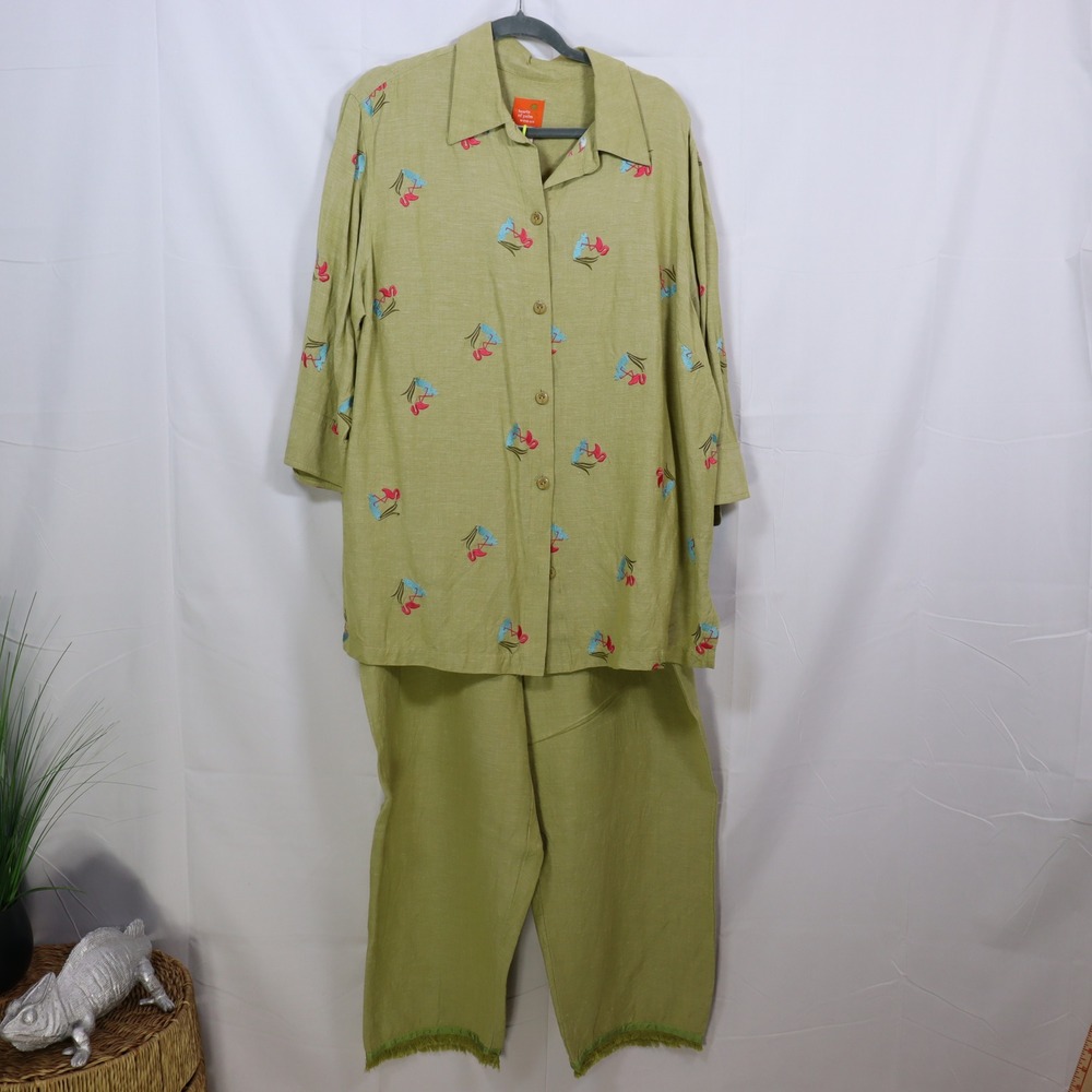 Hearts of Palm Pant Set 18W Green Womens Coastal Flamingo Linen Blend